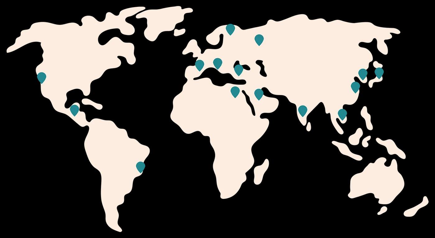 World map with pins marking the 15 countries Cambly team members work from